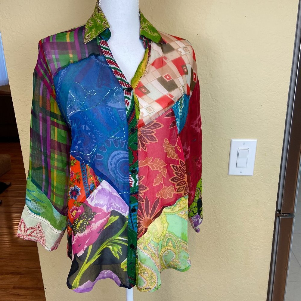 Sacred Threads Boho Patchwork Floral Blouse Sz S 100% Rayon